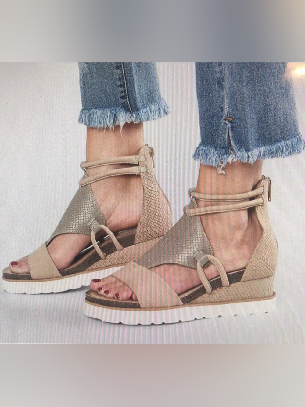 Diba True GREEN CLOVER Wedge Sandal Taupe Snakeskin Embossed Suede
